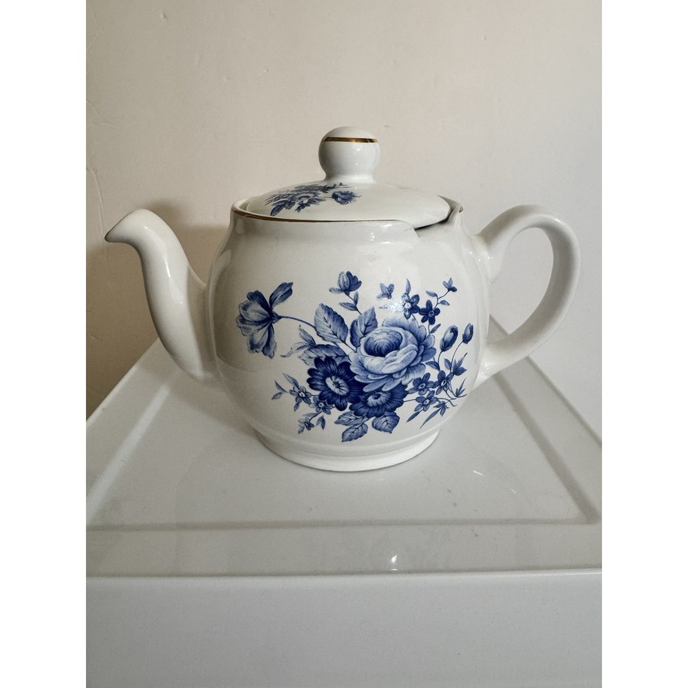 Vintage Ellgreave White Blue Floral Teapot Ironstone Wood & Son Gold Trim 1950's